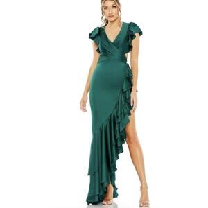 Mac Duggar High Low Dress Cap Sleeves 49529 Emerald Green Satin New Sz4 NWT $398